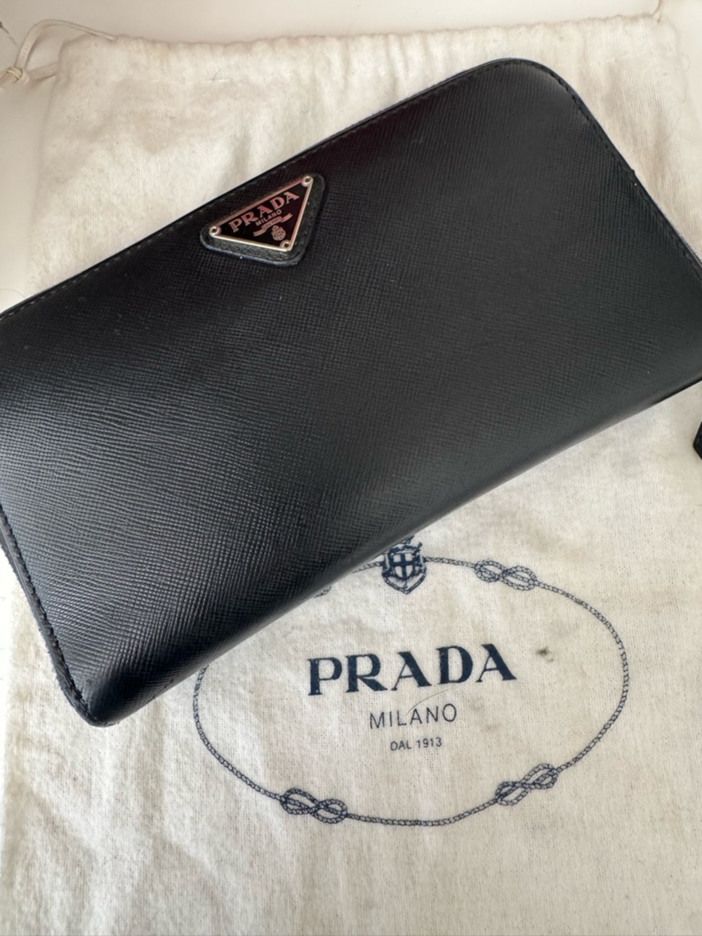 Prada Black Saffiano Zip-Around Wallet Logo Plaque — Black / Silver Hardware